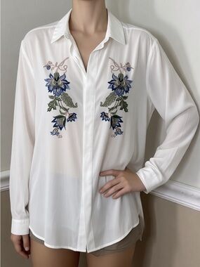 🎉 2 for $20! ASOS White Button-Down Shirt with Blue & Green Floral Embroidery